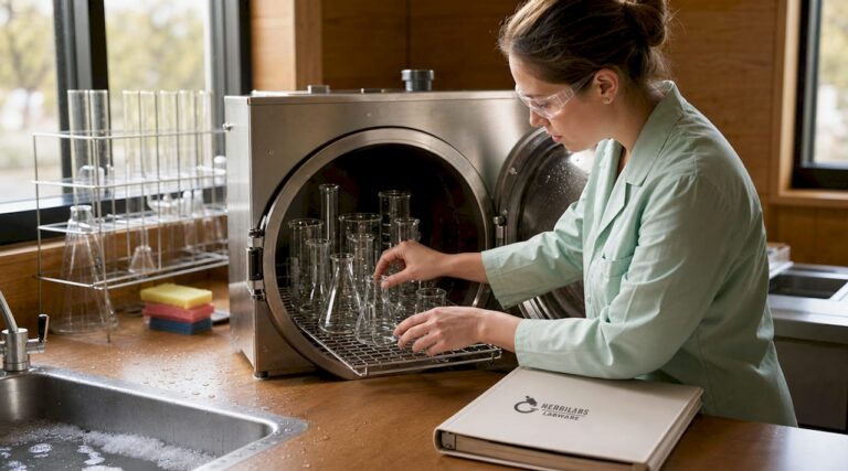 Lab technician loading glassware into autoclave