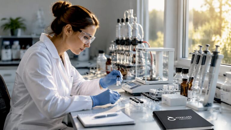 Eine Labormitarbeiterin überprüft die Qualität einer Peptid-Synthese.