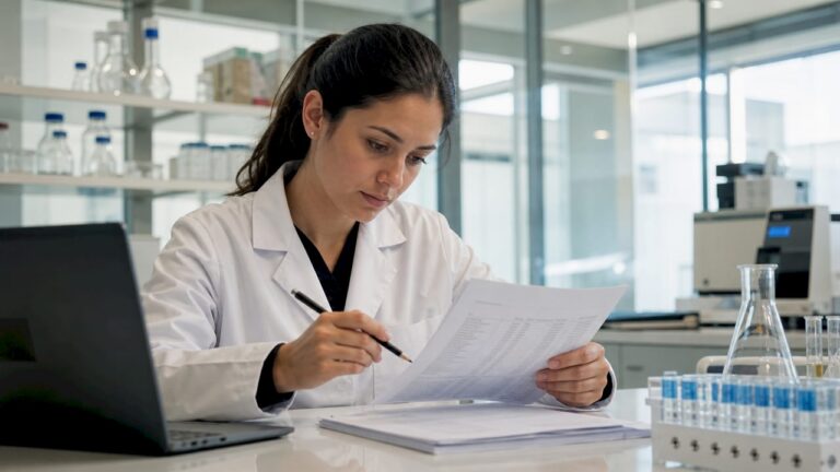 Especialista en biotecnología revisando documentos de precios