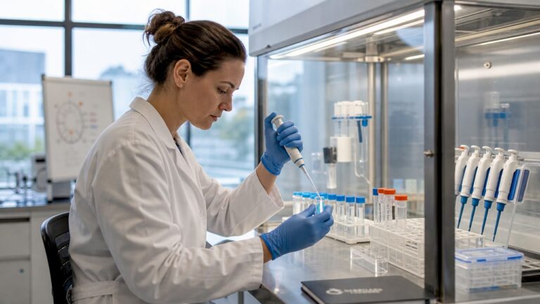 Un chercheur manipule des échantillons dans un laboratoire en salle blanche.
