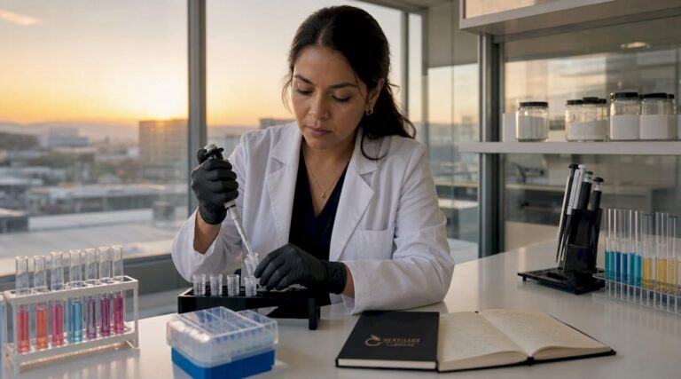 Científica realizando la preparación de muestras de péptidos en el laboratorio