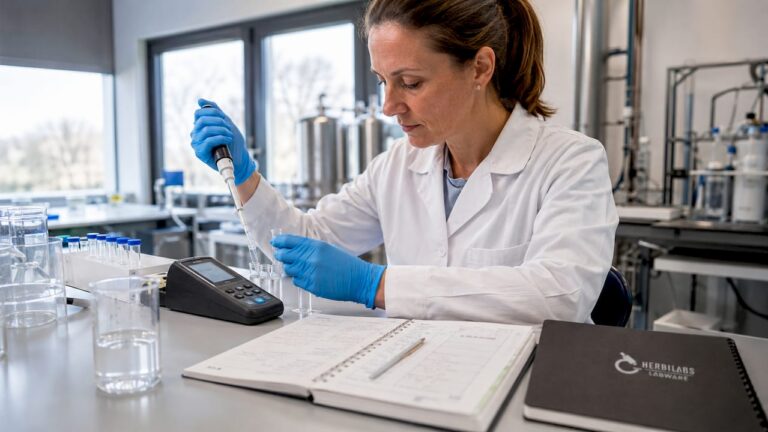 Eine Labormitarbeiterin kontrolliert die Wasserqualität im Labor.