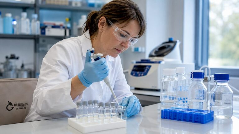 Un technicien de laboratoire s’affaire à la préparation d’échantillons de peptides sous conditions stériles.