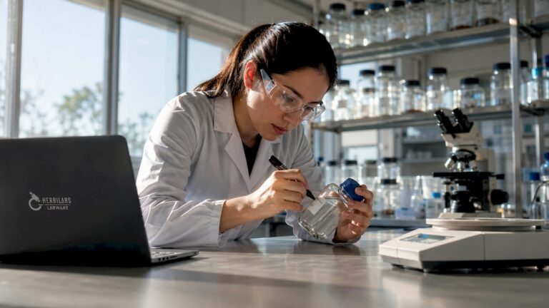 Técnico de laboratorio colocando etiquetas en un recipiente de vidrio para almacenamiento.
