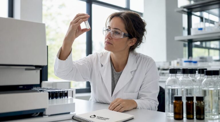 Eine Wissenschaftlerin arbeitet konzentriert mit einer Probe im Analyselabor.