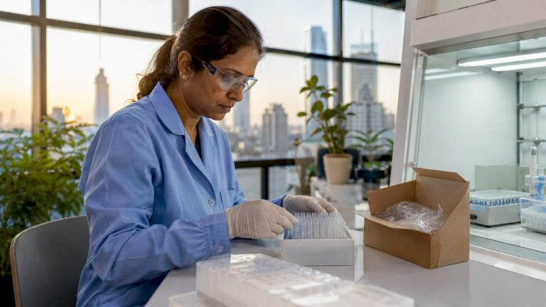 Lab technician selecting sterile pipette tips in biosafety cabinet