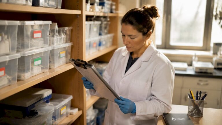 Le responsable de laboratoire consulte la liste des stocks de solutions pour vérifier les quantités disponibles.