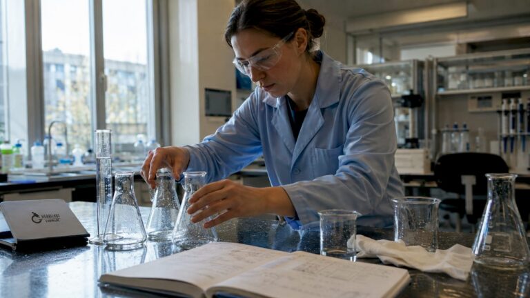 Lab technician handling glass containment labware