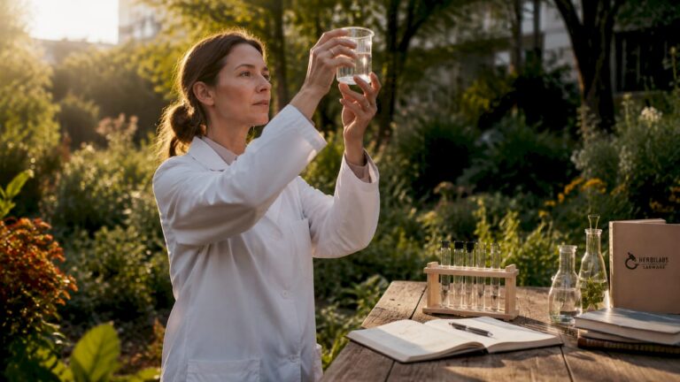 Scientist examining ultrapure water in lab beaker