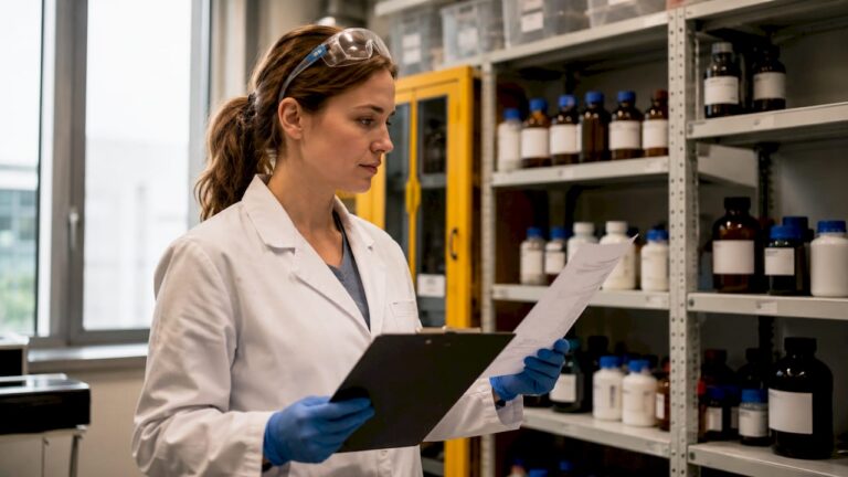 Eine Laborantin studiert die Sicherheitsunterlagen im Chemikalienlager.