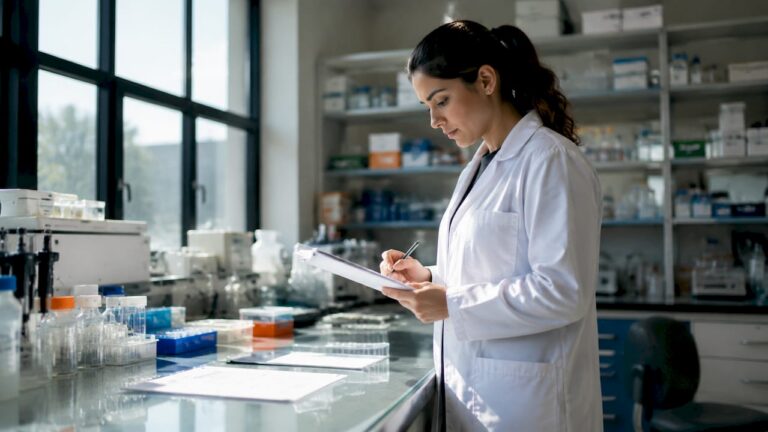 Una científica revisa el material y equipos del laboratorio para asegurarse de que todo esté en orden.