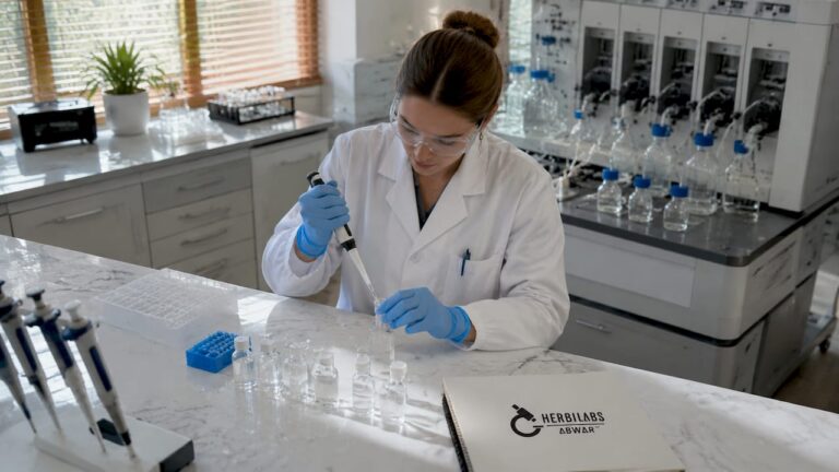 Une technicienne s'affaire à préparer une solution de peptides au sein du laboratoire, veillant avec précision à chaque étape du protocole.