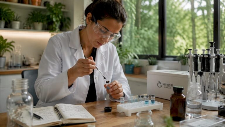 Scientist performing peptide reconstitution in lab