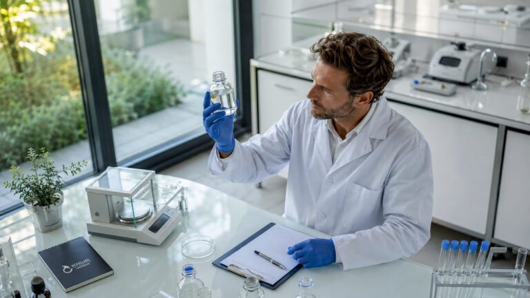 Un chercheur en blouse blanche manipule précautionneusement un flacon d’eau bactériostatique sur la paillasse du laboratoire.