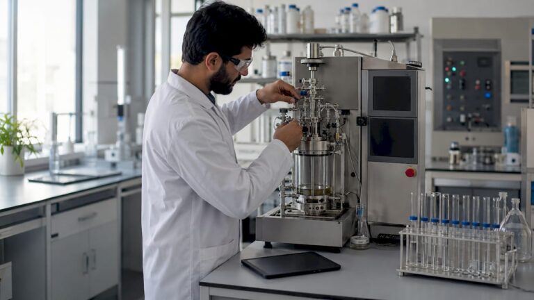 Especialista realiza ajustes en un microreactor dentro del laboratorio
