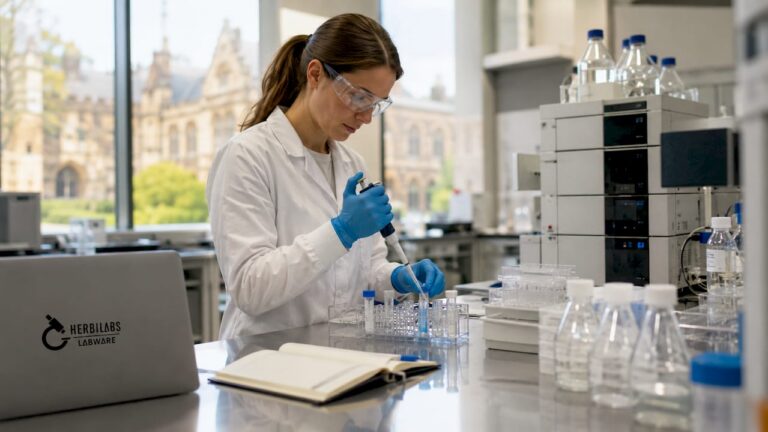Scientist pipetting samples in peptide lab