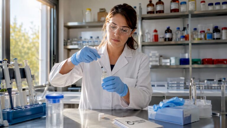 Un technicien s’apprête à reconstituer des peptides dans un laboratoire pharmaceutique.