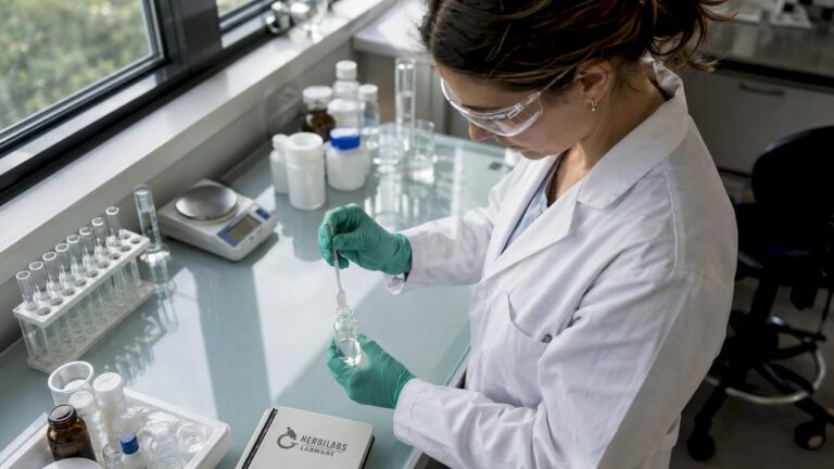 Un chercheur prépare une solution de peptide en utilisant de l’eau bactériostatique.