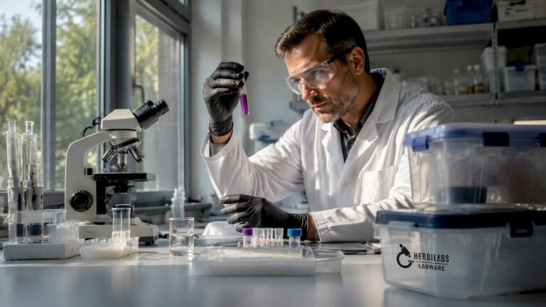 Laborant bei der Peptidforschung arbeitet mit dem Reagenzglas im Labor.