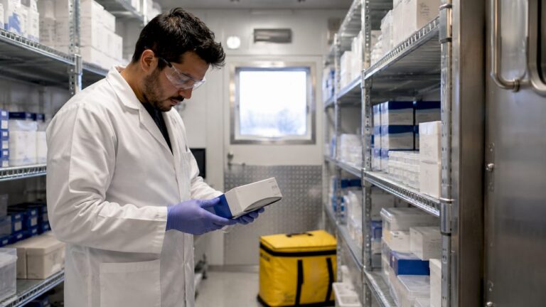 Especialista inspeccionando los reactivos dentro de un laboratorio refrigerado