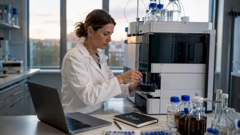 In einem modernen Labor bereitet eine Biochemikerin eine Peptidprobe für weitere Analysen vor.
