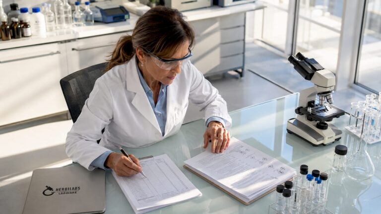 Eine Laborleitung prüft am Schreibtisch die aktuelle Sicherheits-Checkliste.