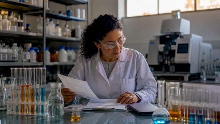 Técnica realiza la revisión del certificado de análisis en el laboratorio