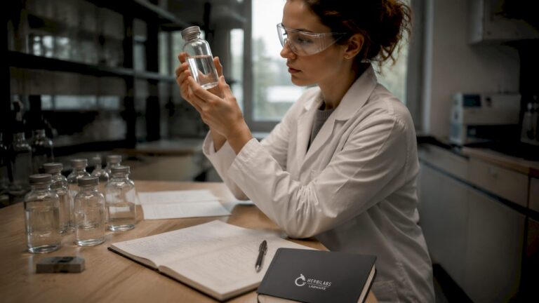 Un chercheur observe attentivement un flacon d'eau bactériostatique lors d'une expérience en laboratoire.