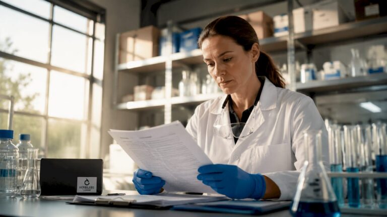 Der Sicherheitsbeauftragte überprüft im Labor die aktuellen Sicherheitsvorschriften und arbeitet sich sorgfältig durch die entsprechenden Unterlagen.