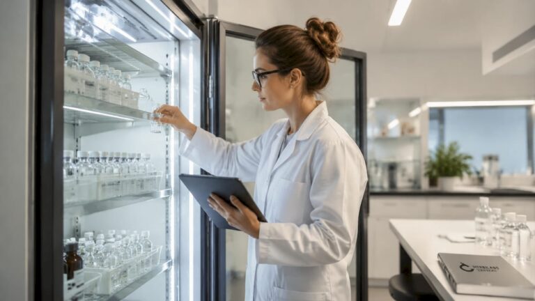 Eine Wissenschaftlerin stellt Probenlösungen in den Kühlschrank des Labors, um sie für spätere Experimente aufzubewahren.
