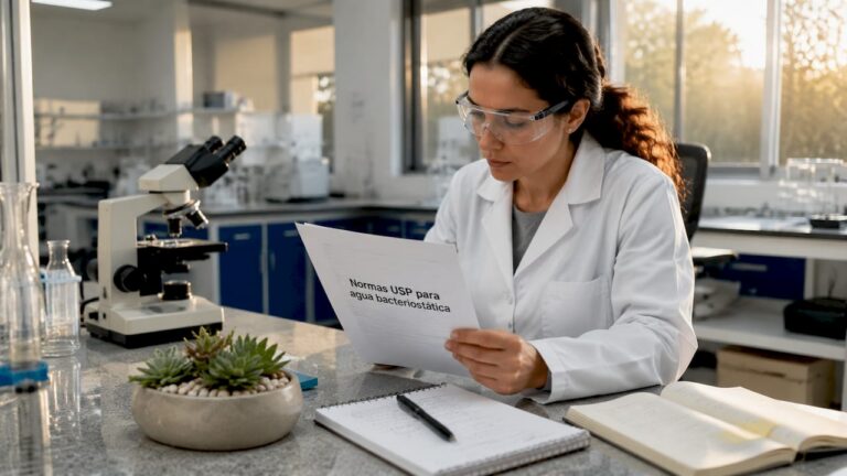 Investigadora analizando las normas USP en el laboratorio