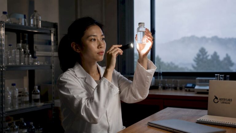 Une technicienne procède à l’examen minutieux d’un flacon d’eau stérile.