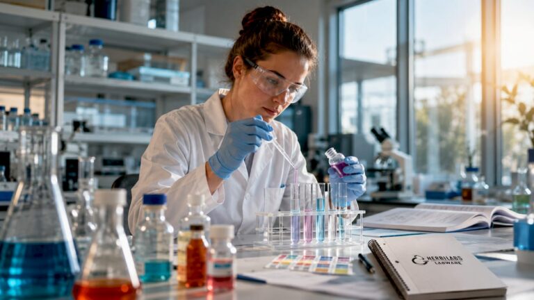 Eine Wissenschaftlerin bereitet im Labor Proben vor und arbeitet dabei mit Pipetten und verschiedenen Chemikalien.