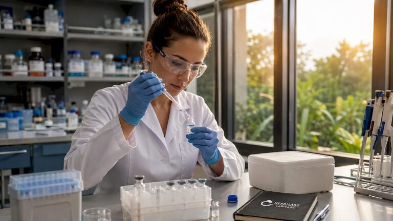 Procedimiento de laboratorio para reconstituir un vial de péptidos añadiendo el diluyente adecuado.
