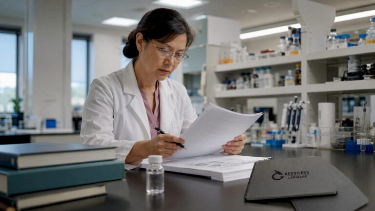 Researcher reviewing bacteriostatic water standards documents