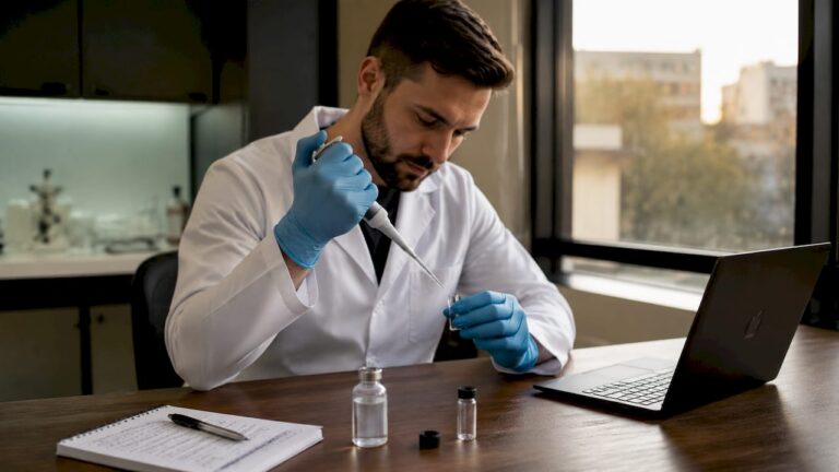 Un técnico lleva a cabo el proceso de síntesis y análisis de péptidos en el laboratorio.