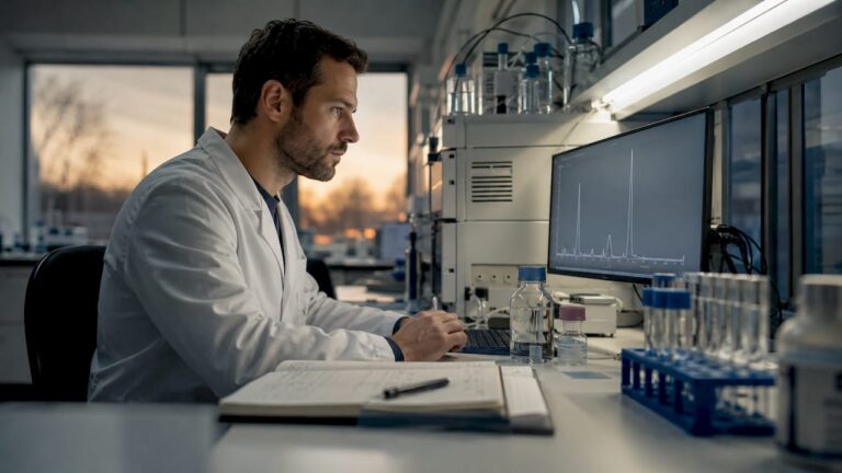 Ein Laborant kontrolliert die Reinheit eines Produkts anhand des HPLC-Protokolls.