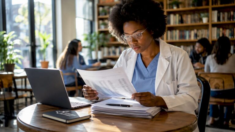 Scientist reviewing supplier purity certificates in lab