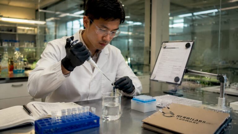 Un technicien s’affaire à préparer une solution diluée dans le laboratoire.