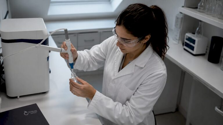 Investigador llena un frasco con agua ultrapura en el laboratorio.