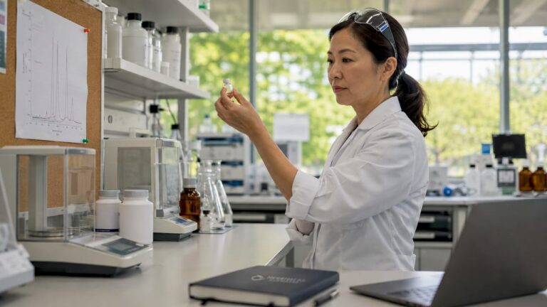 Scientist inspecting reagent vial in lab