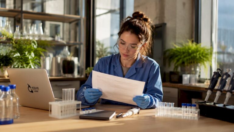 Ein Wissenschaftler prüft, wie sicher das Arbeiten im Labor ist und untersucht mögliche Risiken.