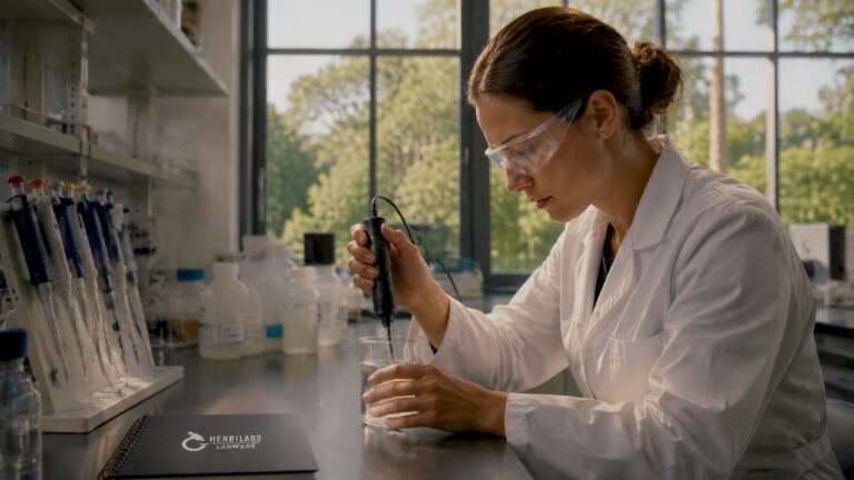 Scientist measuring pH of solution in lab
