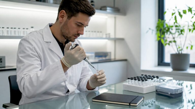 Un chercheur prépare une solution de peptides sur sa paillasse au laboratoire.