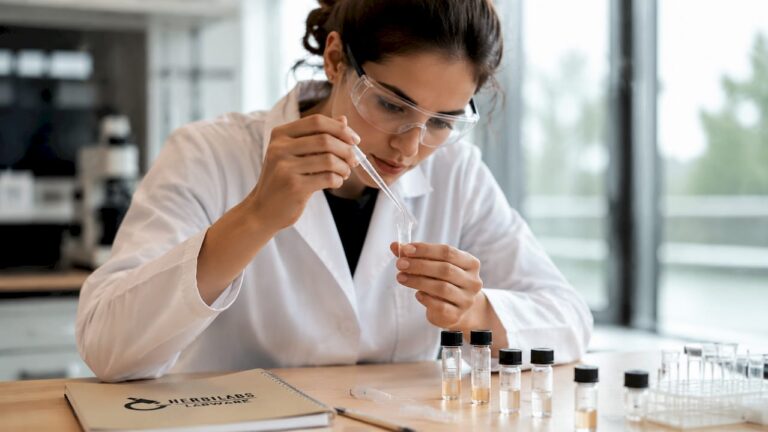Un chercheur manipule des pipettes au sein d’un laboratoire spécialisé dans l’étude des peptides.