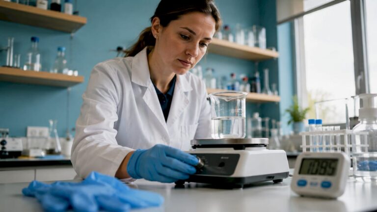 Un técnico realiza ajustes en el equipo de mezclas del laboratorio.