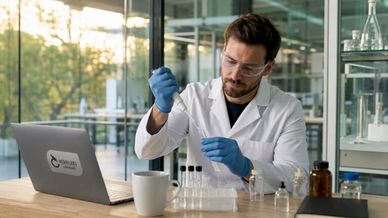Ein Mitarbeiter im Labor überträgt Flüssigkeiten von einem Behälter in einen anderen.