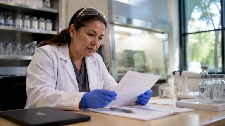 Farmacéutico revisando la normativa de la FDA sobre el agua bacteriostática