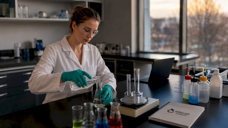 Ein Chemiker stellt im Labor eine Benzylalkohol-Lösung her.