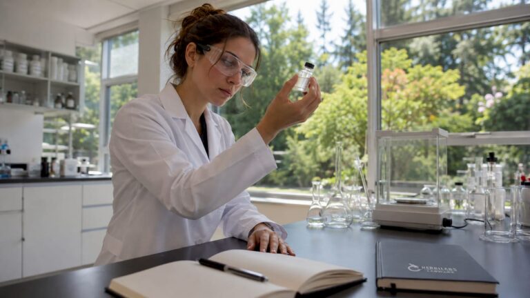 Chemist inspecting research grade reagent vial in lab